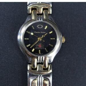 Charles Delon Black Dial Round Silver Tone Case Two Tone Band Watch New battery